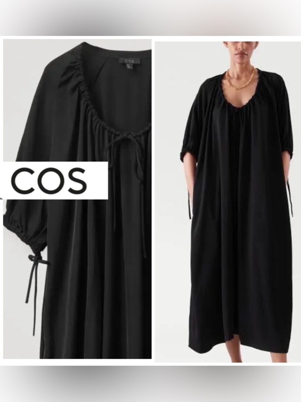 COS Black Tie-Neck Drawstring Flowing Maxi Dress size 6